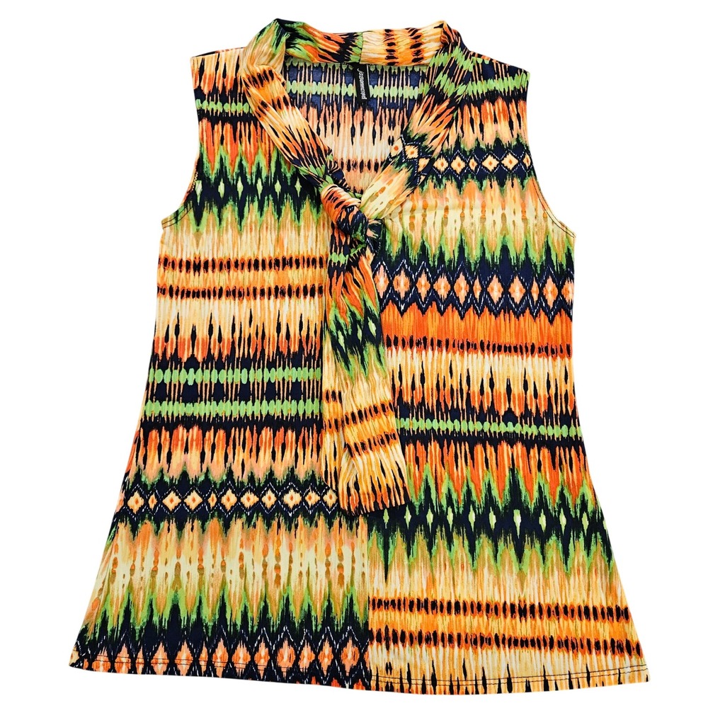 Jason Maxwell Womens Tie Neck Sleeveless Ikat Print Blouse Orange Green Medium